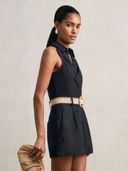 Linen Belted Sleeveless Wrap Playsuit Navy | Womens
