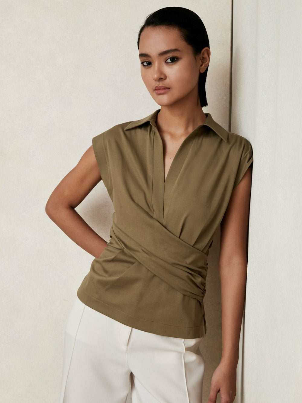 Stretch-Cotton Wrap-Front Collar Top Khaki Green | Womens