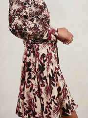 Printed Tie-Waist Flippy Mini Dress Burgundy/Cream | Womens