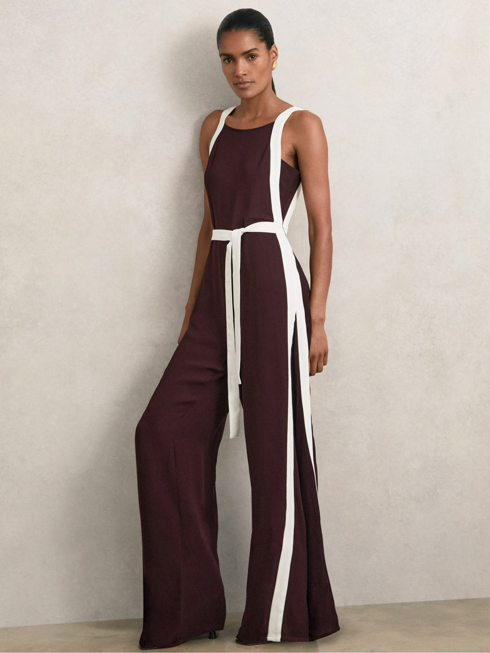 Colourblock Wide Leg Belted Jumpsuit Burgundy/Cream | Womens