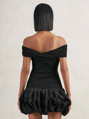 Off-Shoulder Puffball Mini Dress Black | Womens