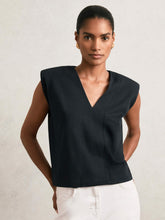 Cotton Shoulder-Pad V-Neck Top Navy | Womens