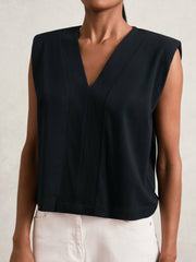 Cotton Shoulder-Pad V-Neck Top Navy | Womens