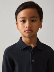 Merino Wool Long-Sleeve Polo Shirt Navy | Children