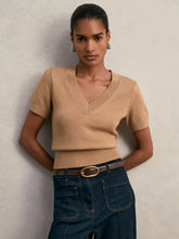 Cotton-Wool Knit V-Neck Top Camel | Womens
