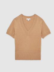 Cotton-Wool Knit V-Neck Top Camel | Womens