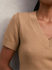 Cotton-Wool Knit V-Neck Top Camel | Womens