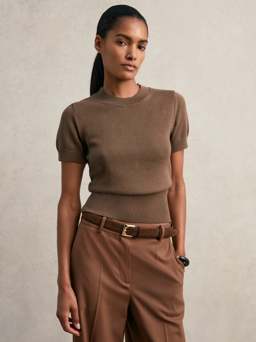 Cotton And Wool Crew-Neck Top Brown | Womens