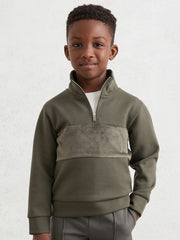 13-14 yrs Slim Fit Half-Zip Funnel Neck Velour Sweatshirt Dark Sage Green | Children