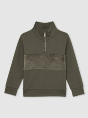 9-13 yrs Slim Fit Half-Zip Funnel Neck Velour Sweatshirt Dark Sage Green | Children