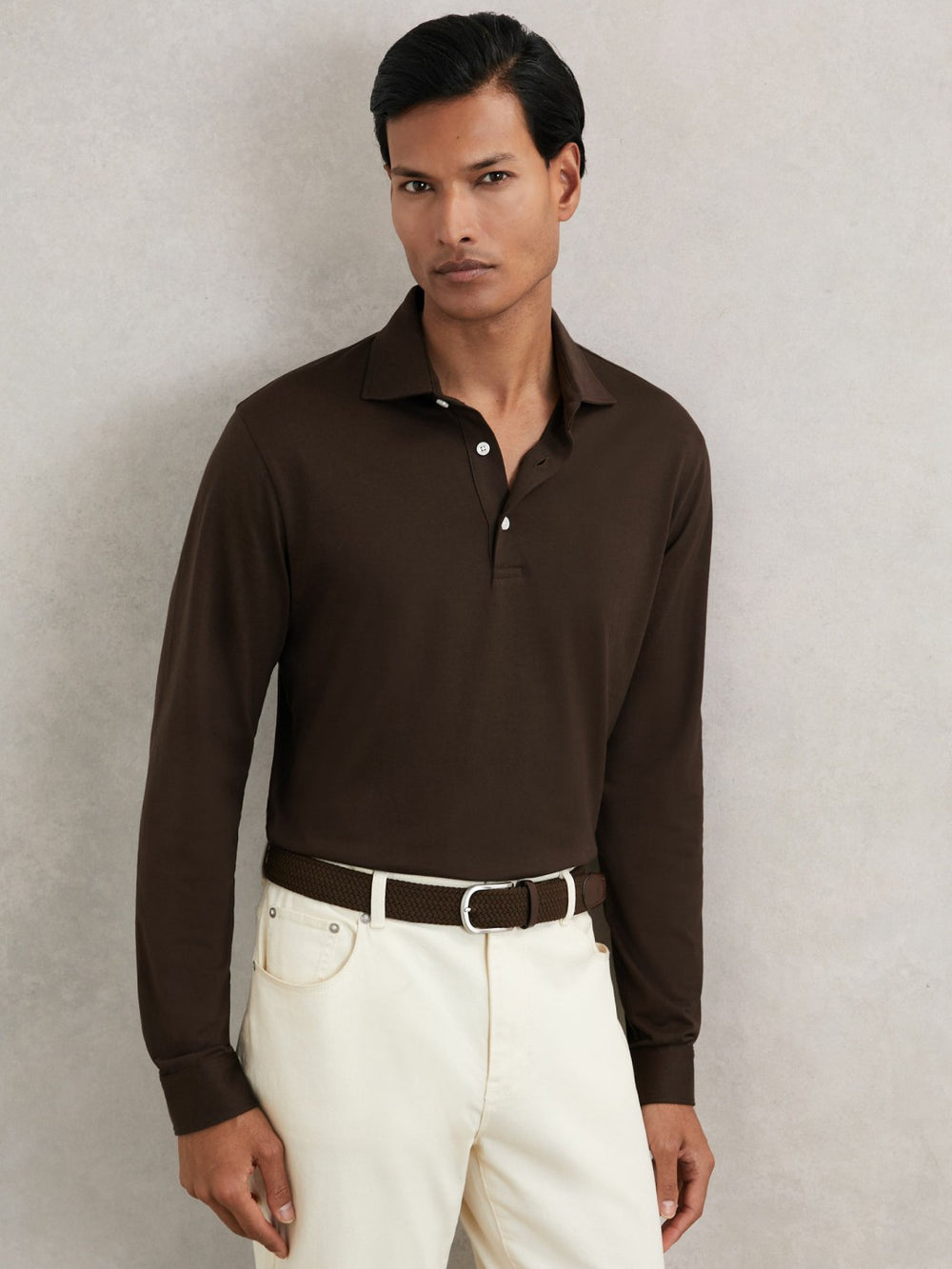 Cotton-Jersey Long Sleeve Polo Shirt Brown | Mens