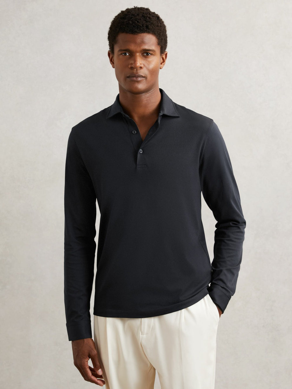 Cotton-Jersey Long Sleeve Polo Shirt Navy | Mens