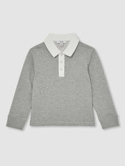 Cotton Half-Button Rugby Polo Shirt Grey Marl/White | Children