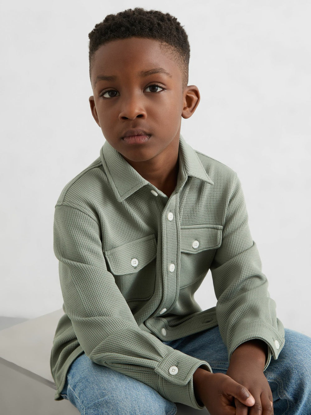 3-9 yrs Waffle-Textured Twin-Pocket Overshirt Sage | Children