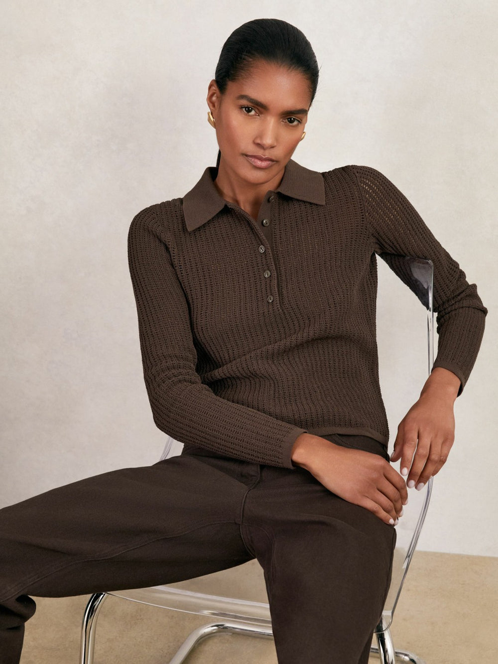 Open-Knit Long-Sleeve Polo Top Chocolate Brown | Womens