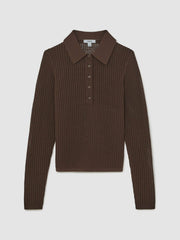 Open-Knit Long-Sleeve Polo Top Chocolate Brown | Womens