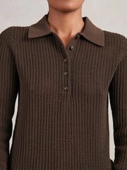 Open-Knit Long-Sleeve Polo Top Chocolate Brown | Womens