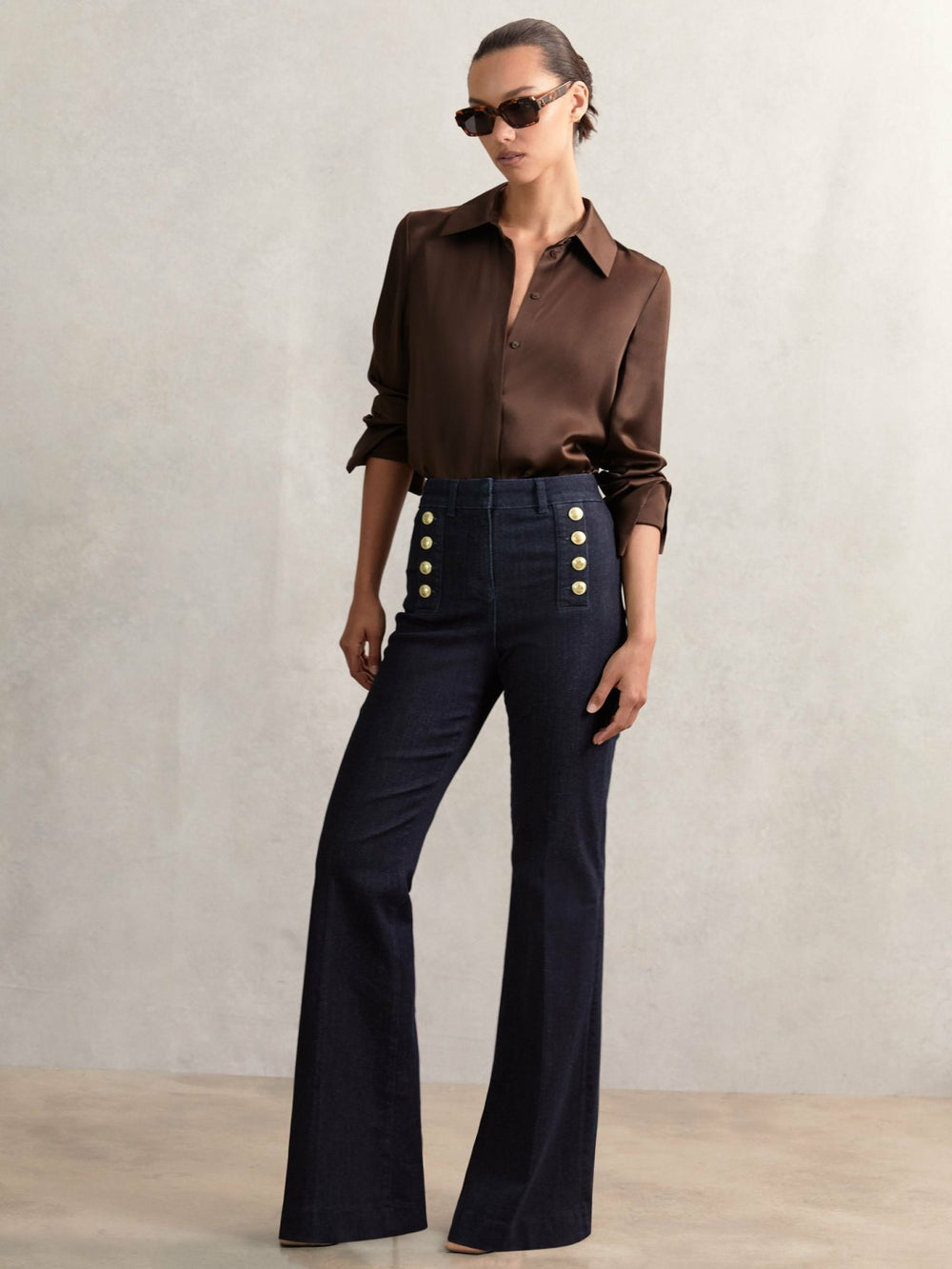 Petite Button-Detail High-Rise Flared Jeans Dark Blue | Womens
