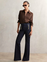 Petite Button-Detail High-Rise Flared Jeans Dark Blue | Womens