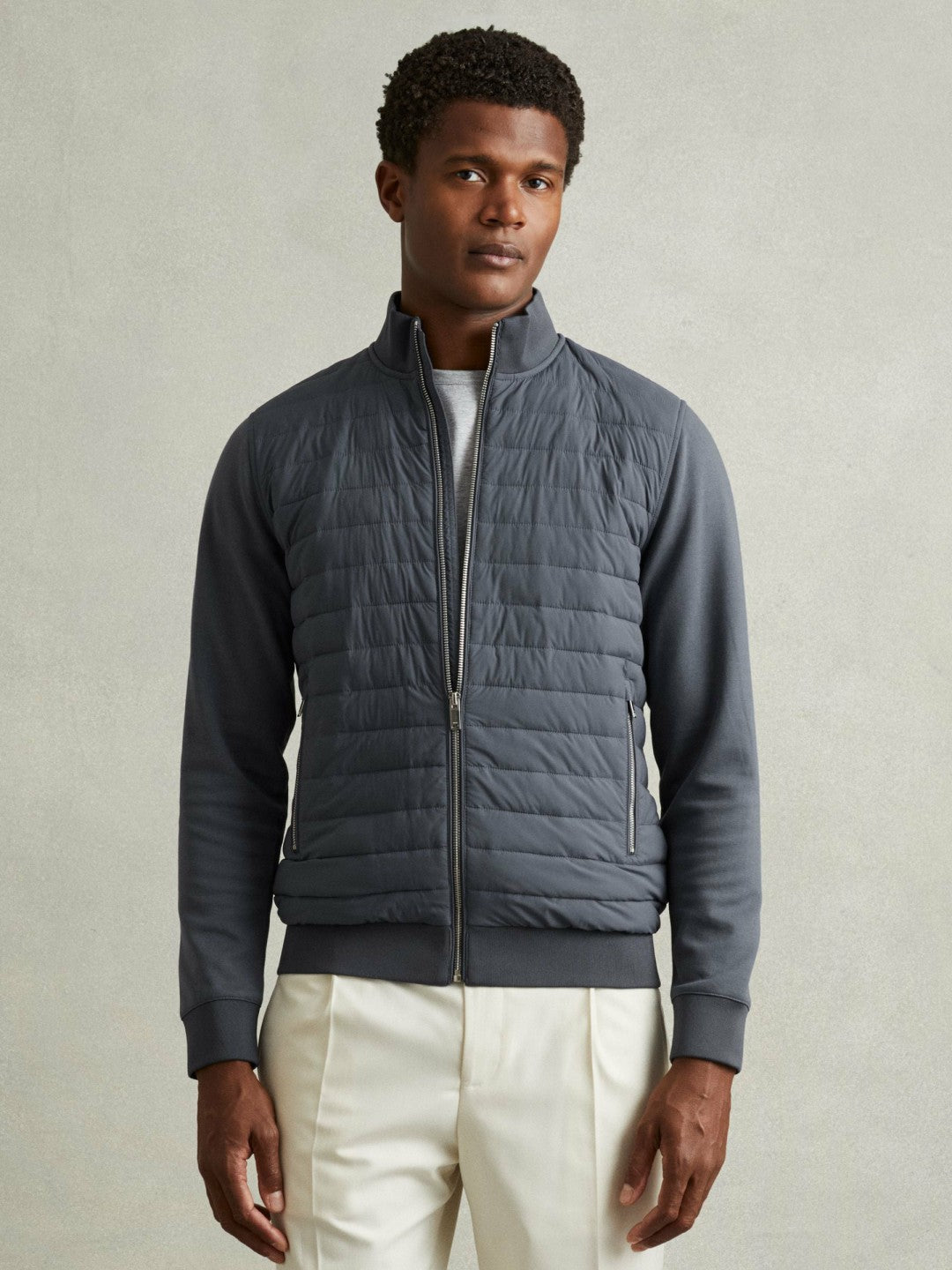 Hybrid Quilt and Knit Zip-Through Jacket Airforce Blue | Mens