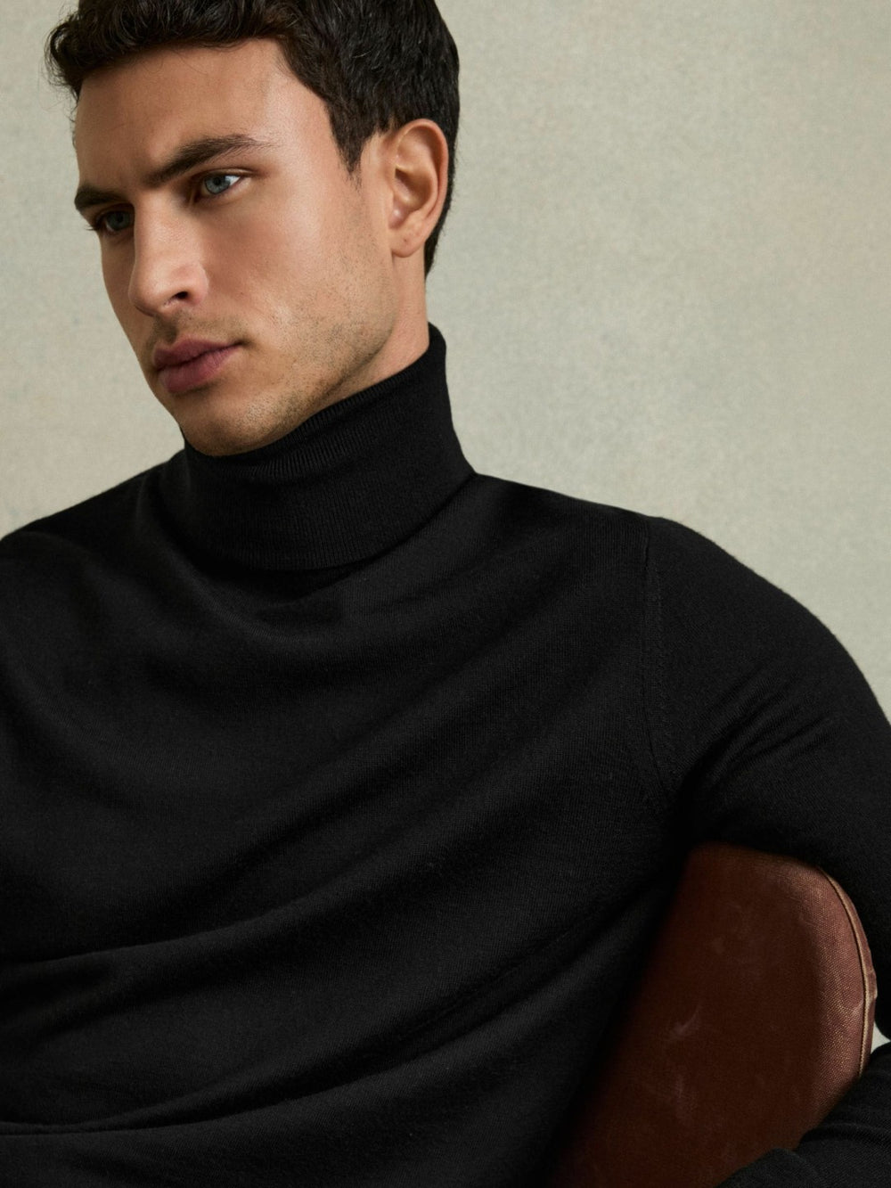 Slim Fit Merino Wool Roll Neck Jumper Black | Mens
