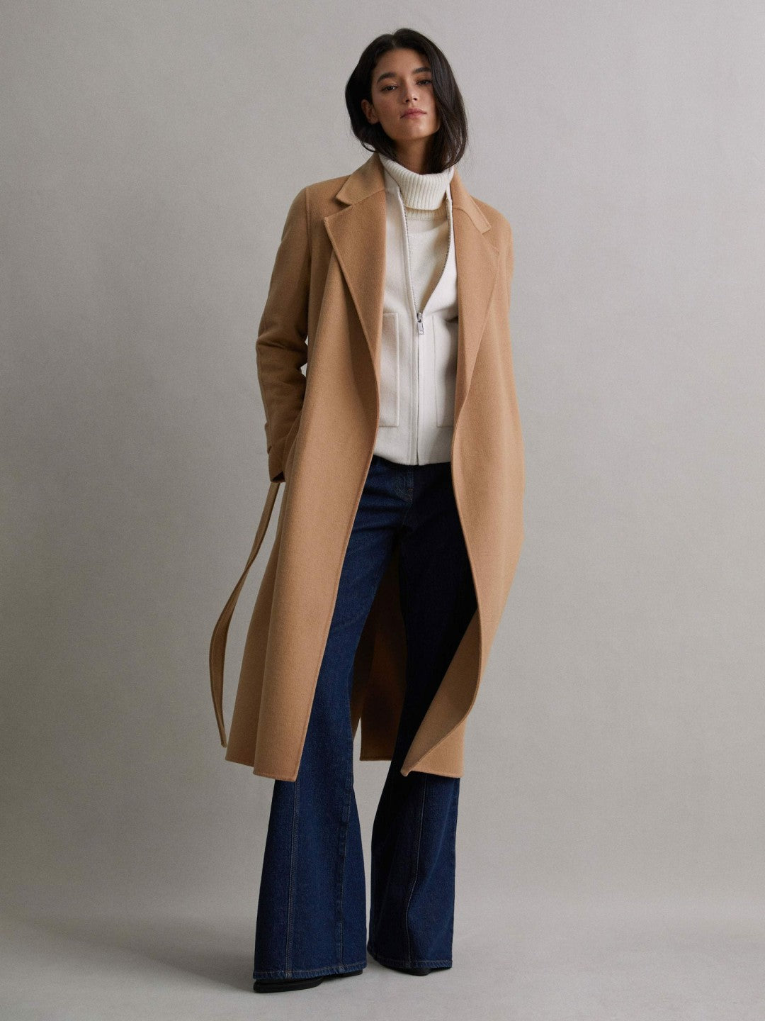 Wool Blend Belted Blindseam Coat Camel | Womens