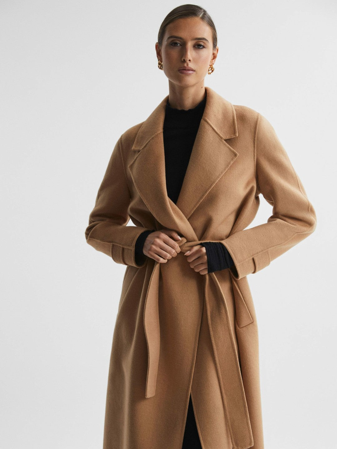 Wool Blend Belted Blindseam Coat Camel | Womens