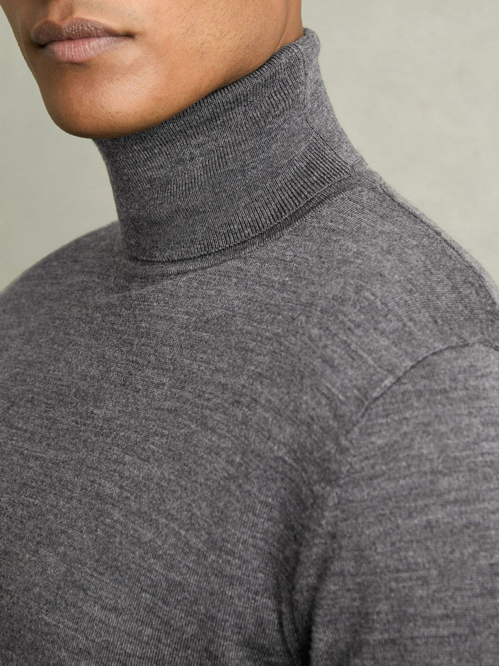 Slim Fit Merino Wool Roll Neck Jumper Derby Grey Marl | Mens