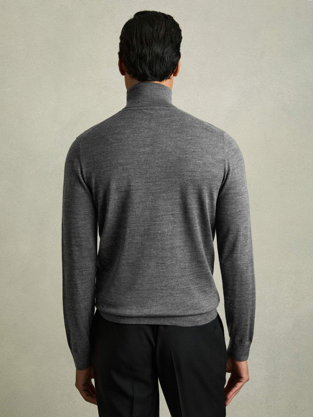 Slim Fit Merino Wool Roll Neck Jumper Derby Grey Marl | Mens