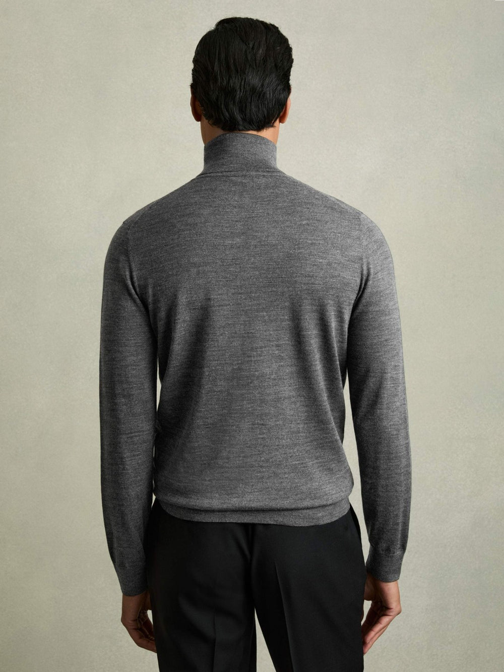 Slim Fit Merino Wool Roll Neck Jumper Derby Grey Marl | Mens