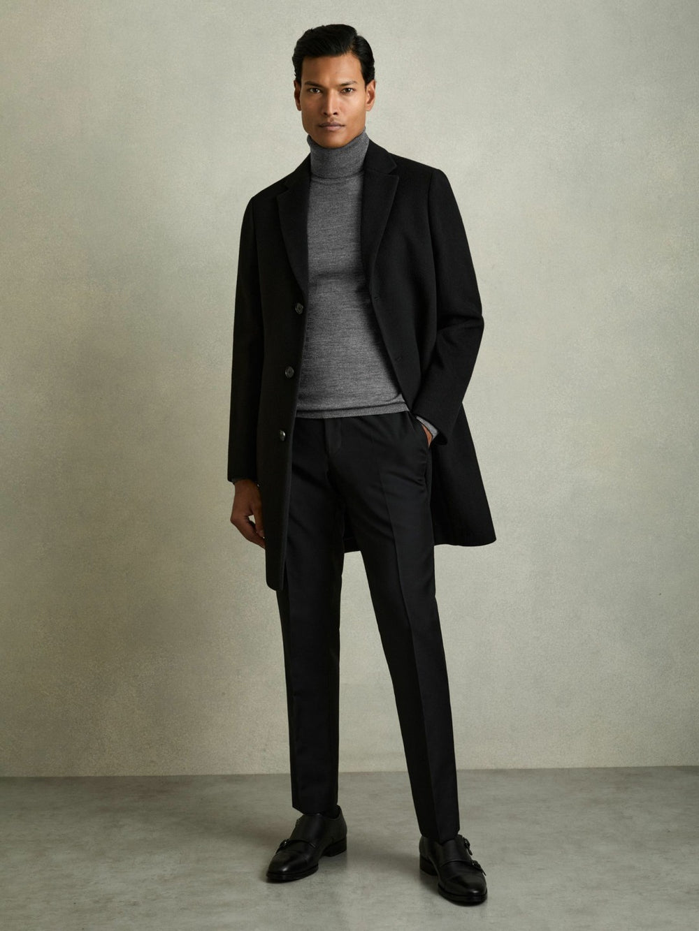 Slim Fit Merino Wool Roll Neck Jumper Derby Grey Marl | Mens