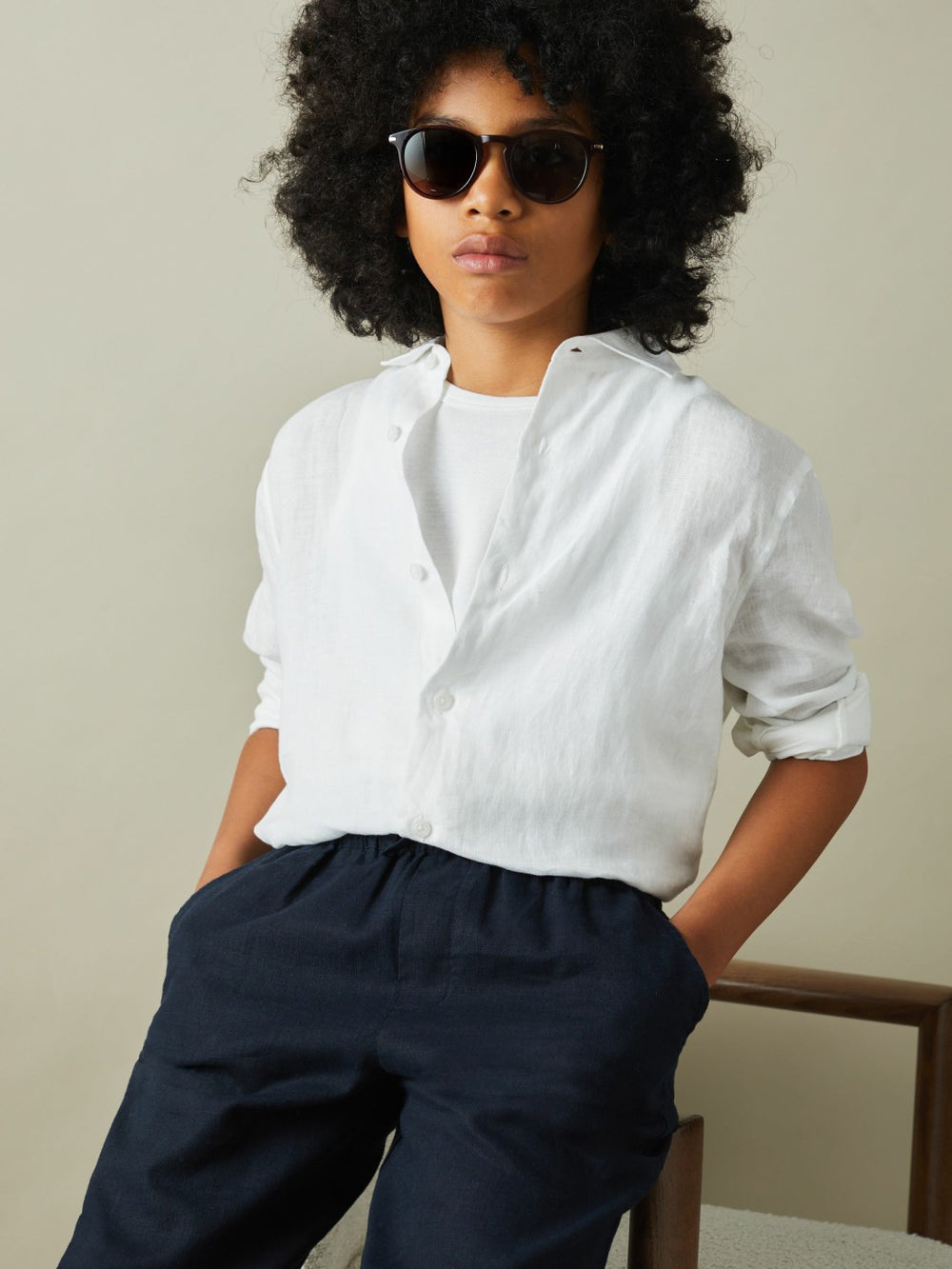 9-13 yrs Striped Linen Cutaway Collar Shirt White | Children
