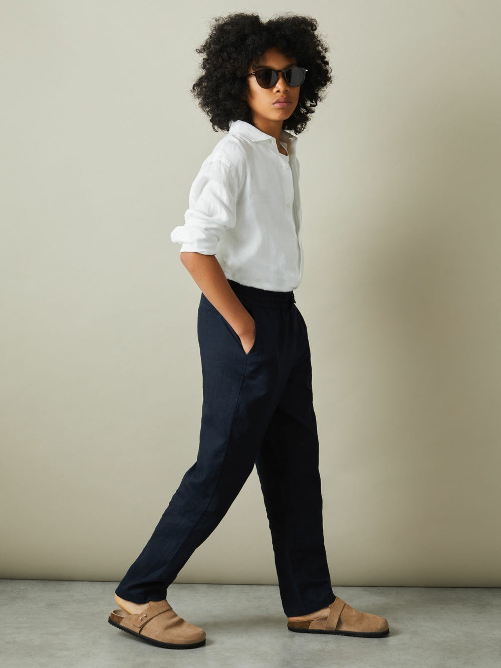 9-13 yrs Striped Linen Cutaway Collar Shirt White | Children