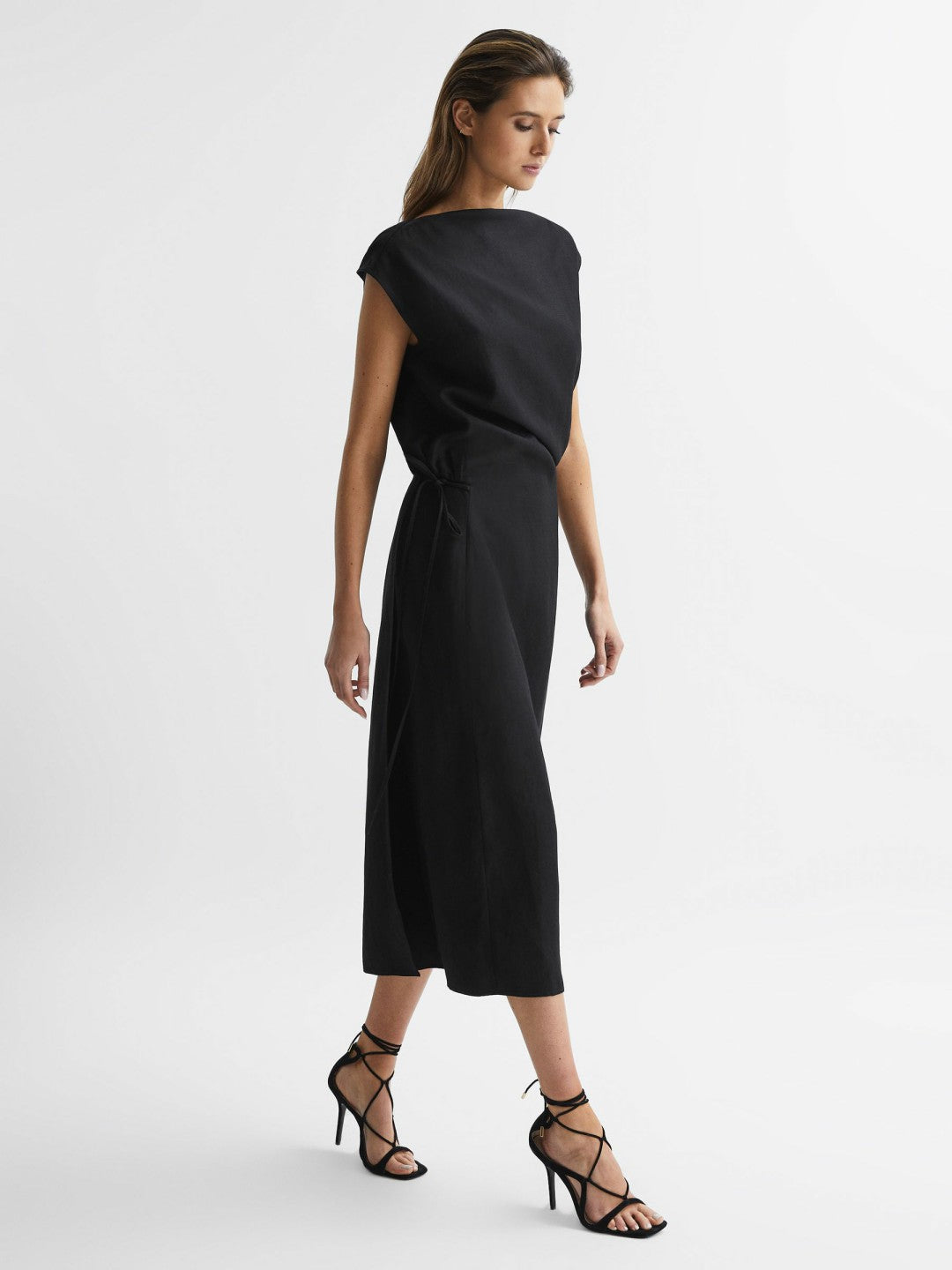 Premium Linen Blend Open-Back Midi Dress Black | Womens