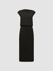 Premium Linen Blend Open-Back Midi Dress Black | Womens