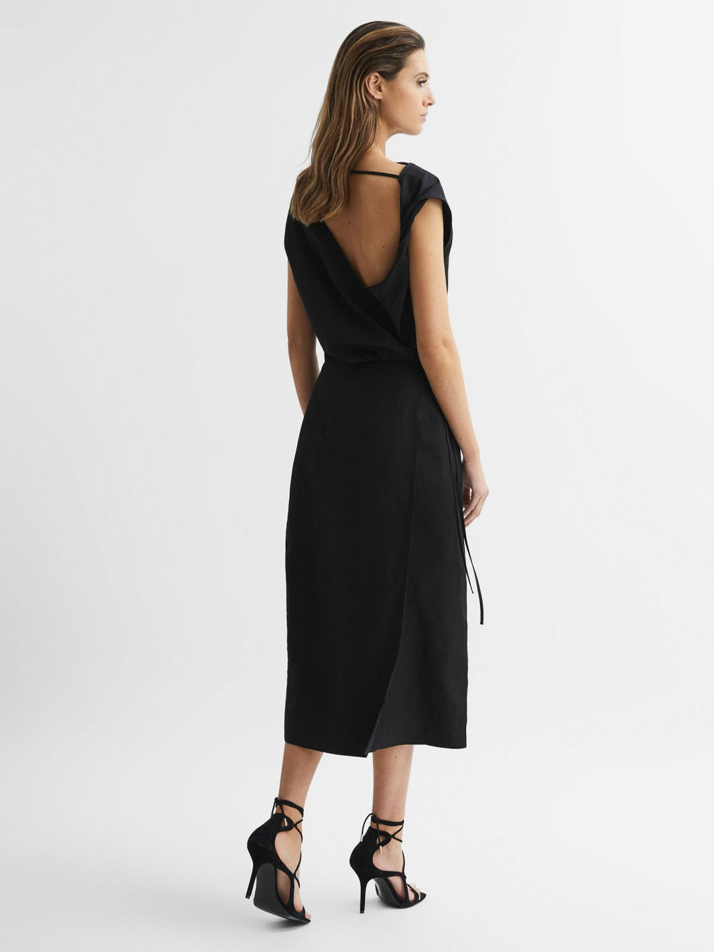 Premium Linen Blend Open-Back Midi Dress Black | Womens