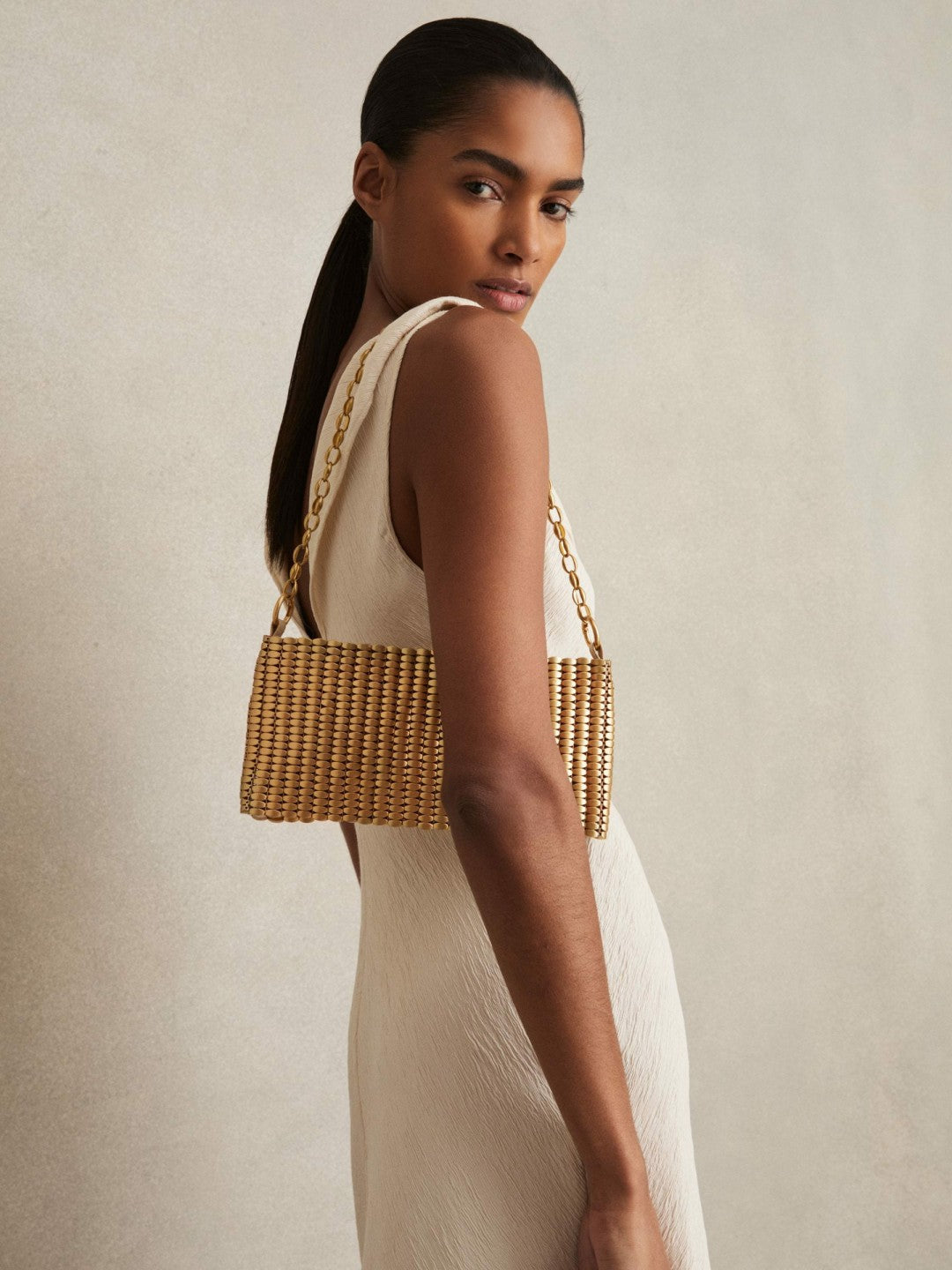 Beaded Removable Strap Shoulder Bag Gold | Womens