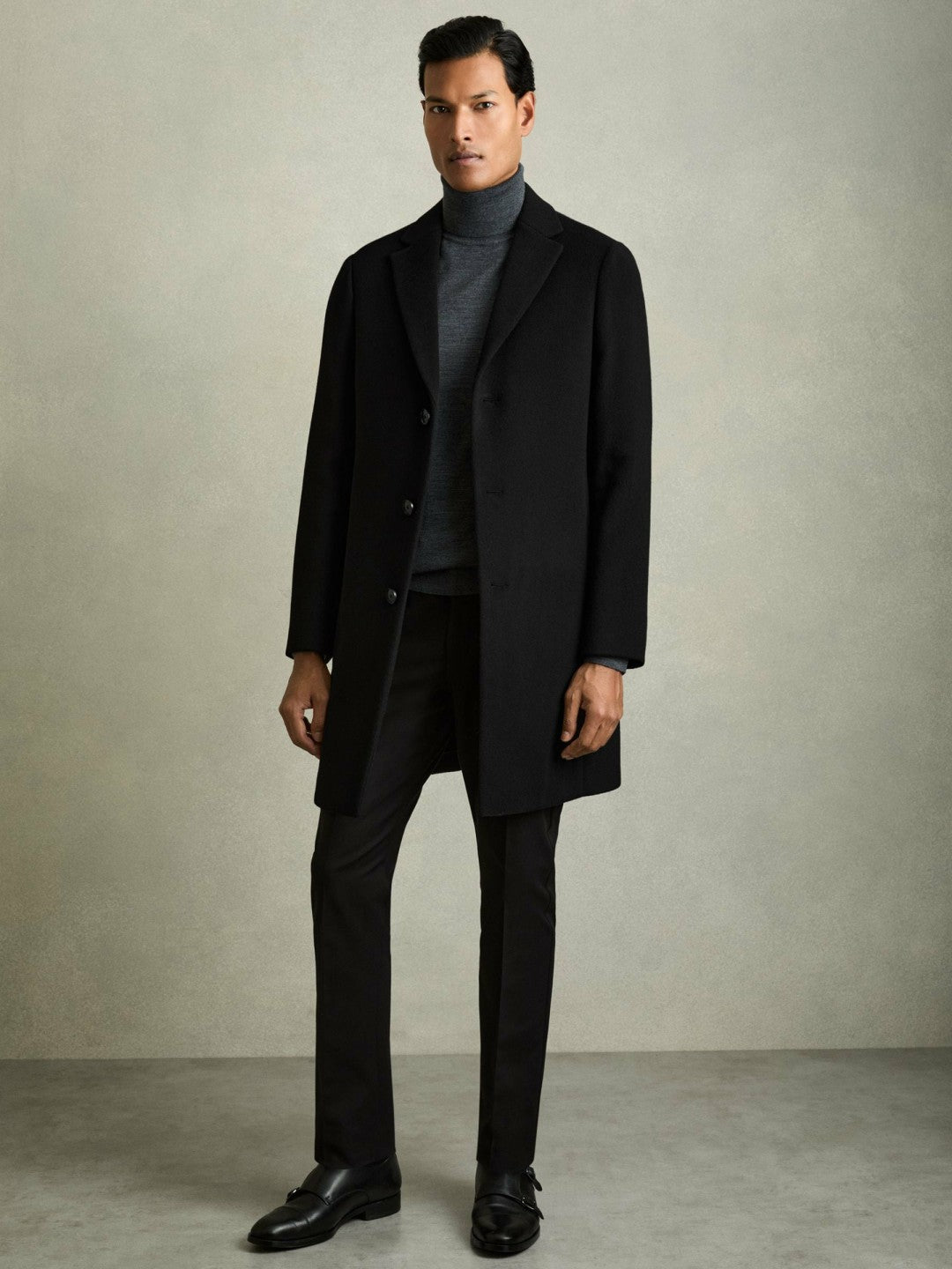 Wool Blend Single Breasted Epsom Overcoat Black | Mens