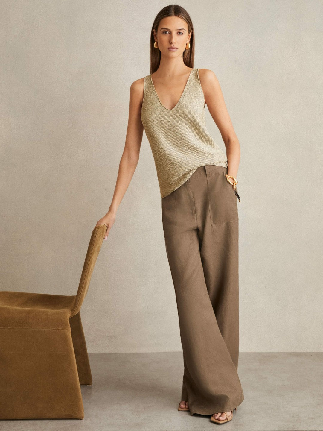 Metallic V-Neck Vest Gold | Womens