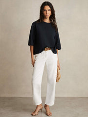Oversized Cotton Crew Neck T-Shirt Navy | Womens