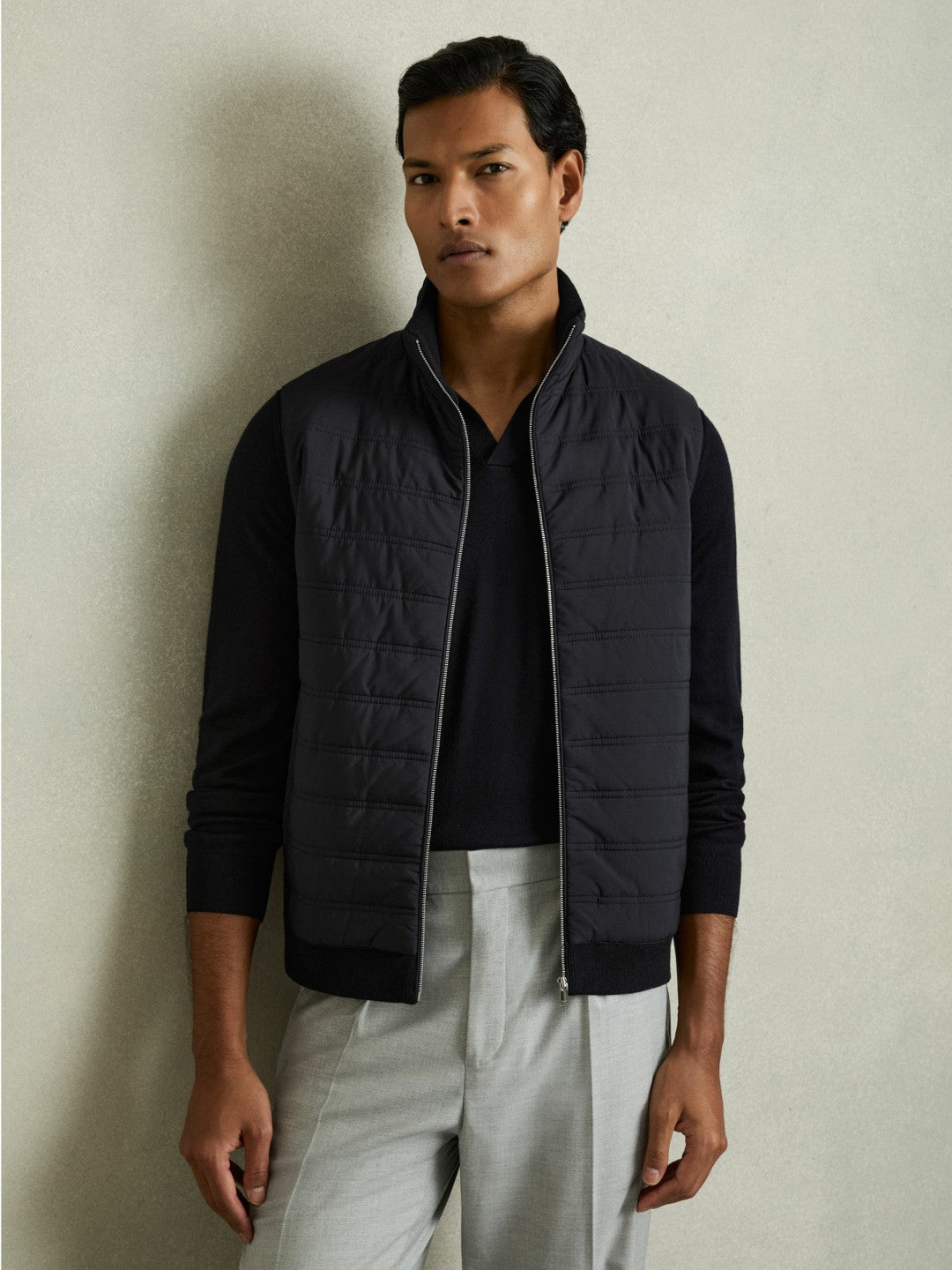 Hybrid Quilt and Knit Zip-Through Gilet Navy | Mens