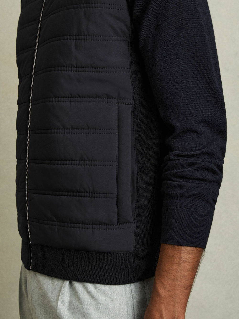 Hybrid Quilt and Knit Zip-Through Gilet Navy | Mens