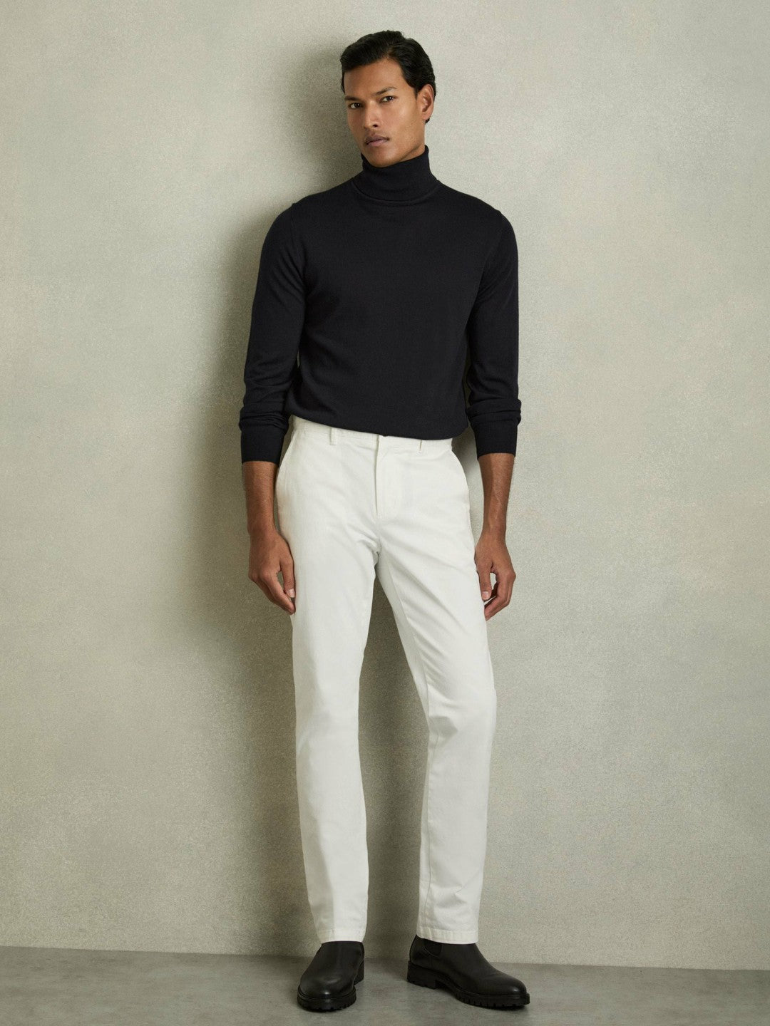 Slim Fit Merino Wool Roll Neck Jumper Navy | Mens