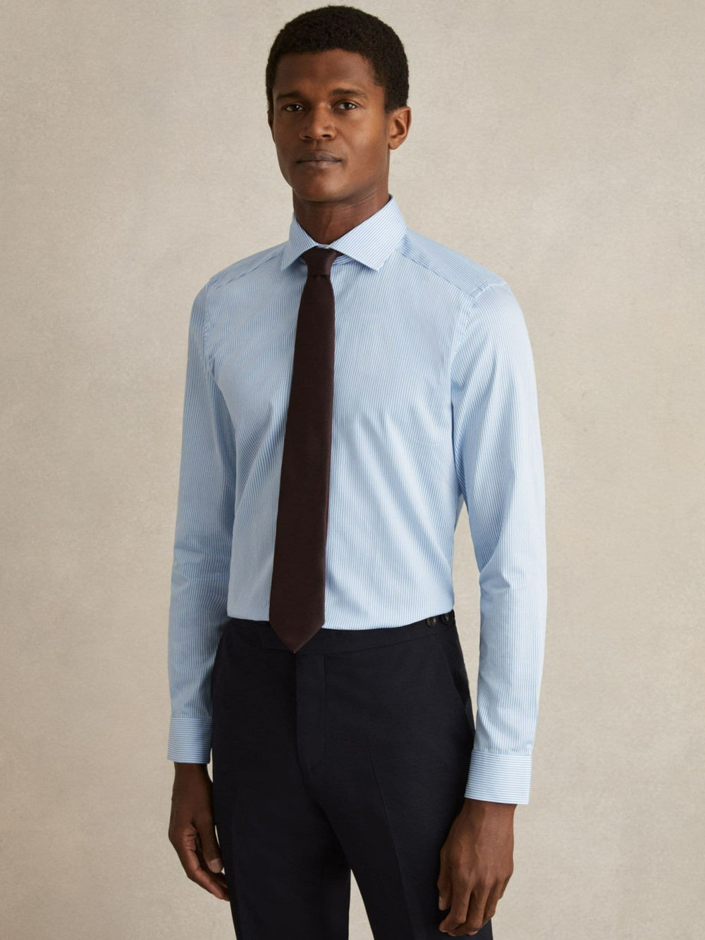 Slim Fit Cotton-Satin Cutaway-Collar Shirt Blue Stripe | Mens
