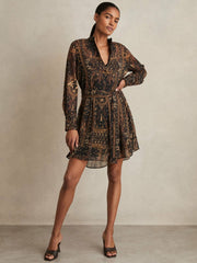 Botanical-Print Chiffon Mini Dress Navy | Womens