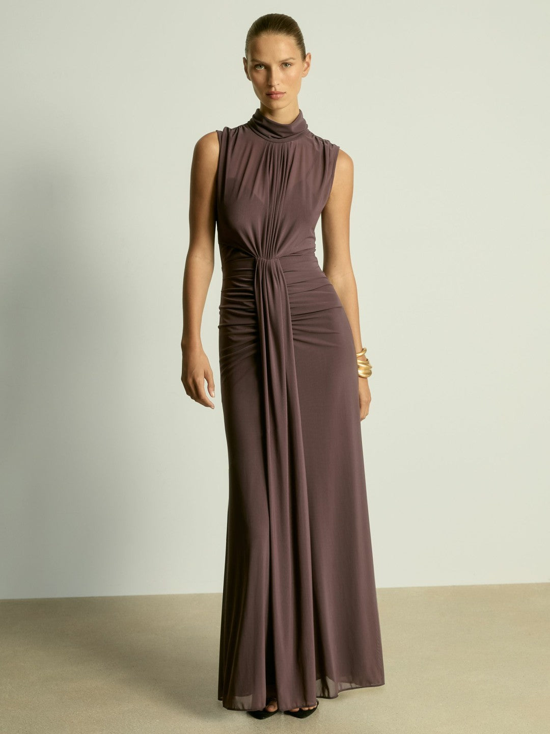 Sheer Ruched Maxi Dress Taupe | Womens