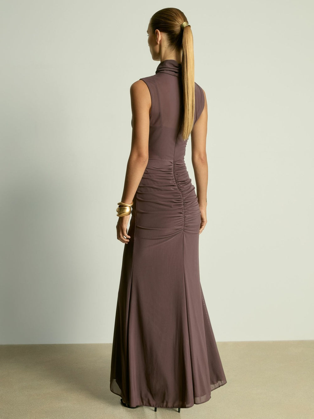 Sheer Ruched Maxi Dress Taupe | Womens