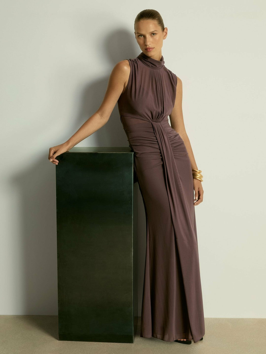 Sheer Ruched Maxi Dress Taupe | Womens