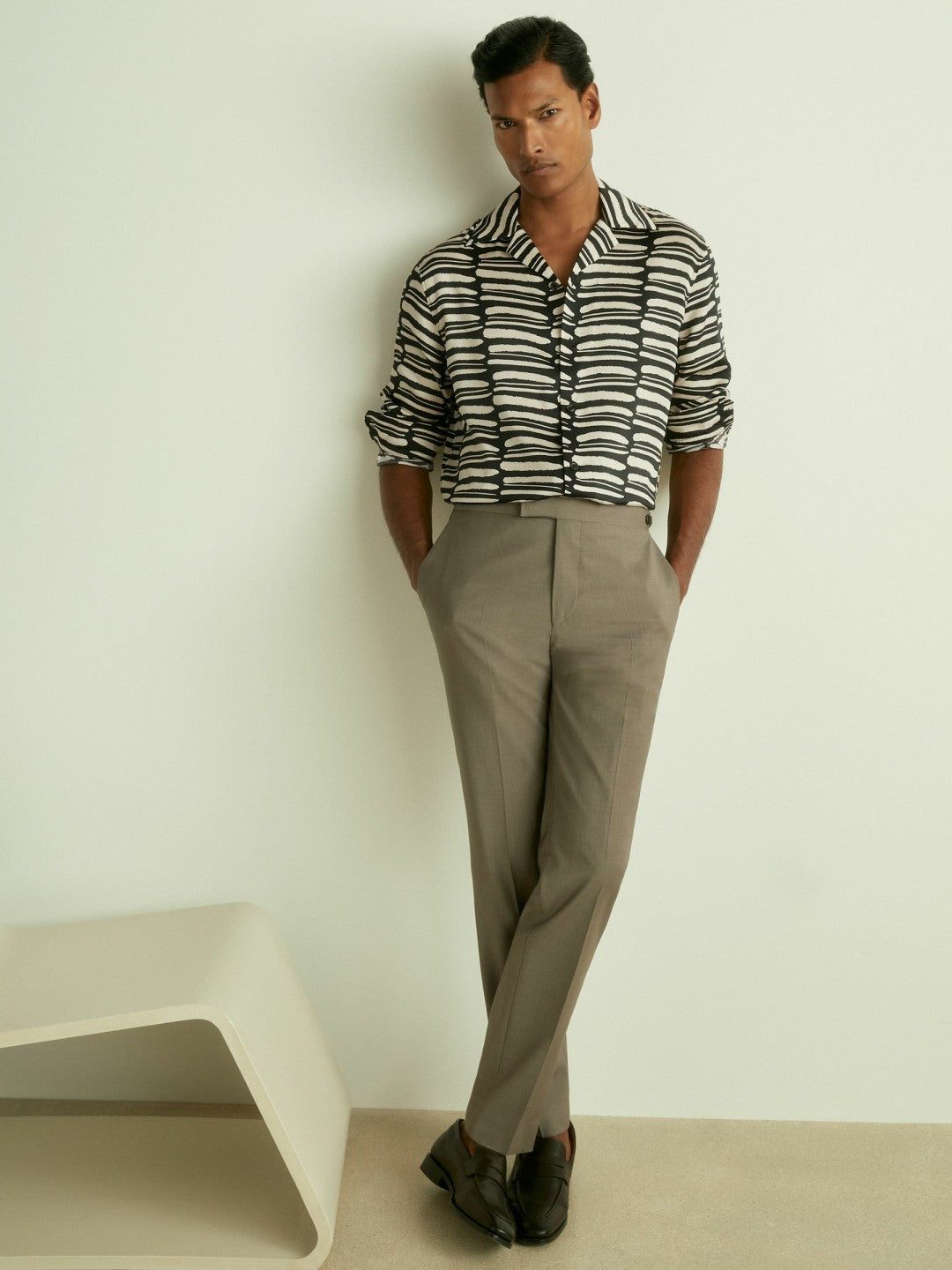 Abstract-Print Twill Cuban-Collar Shirt Black/White | Mens