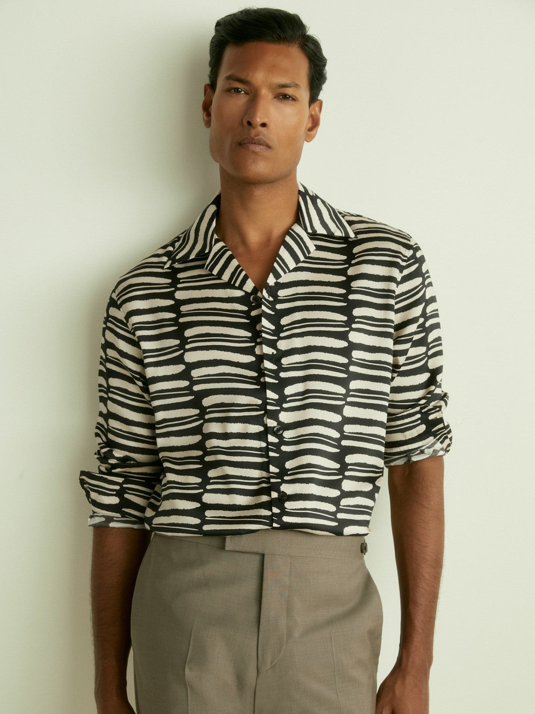 Abstract-Print Twill Cuban-Collar Shirt Black/White | Mens